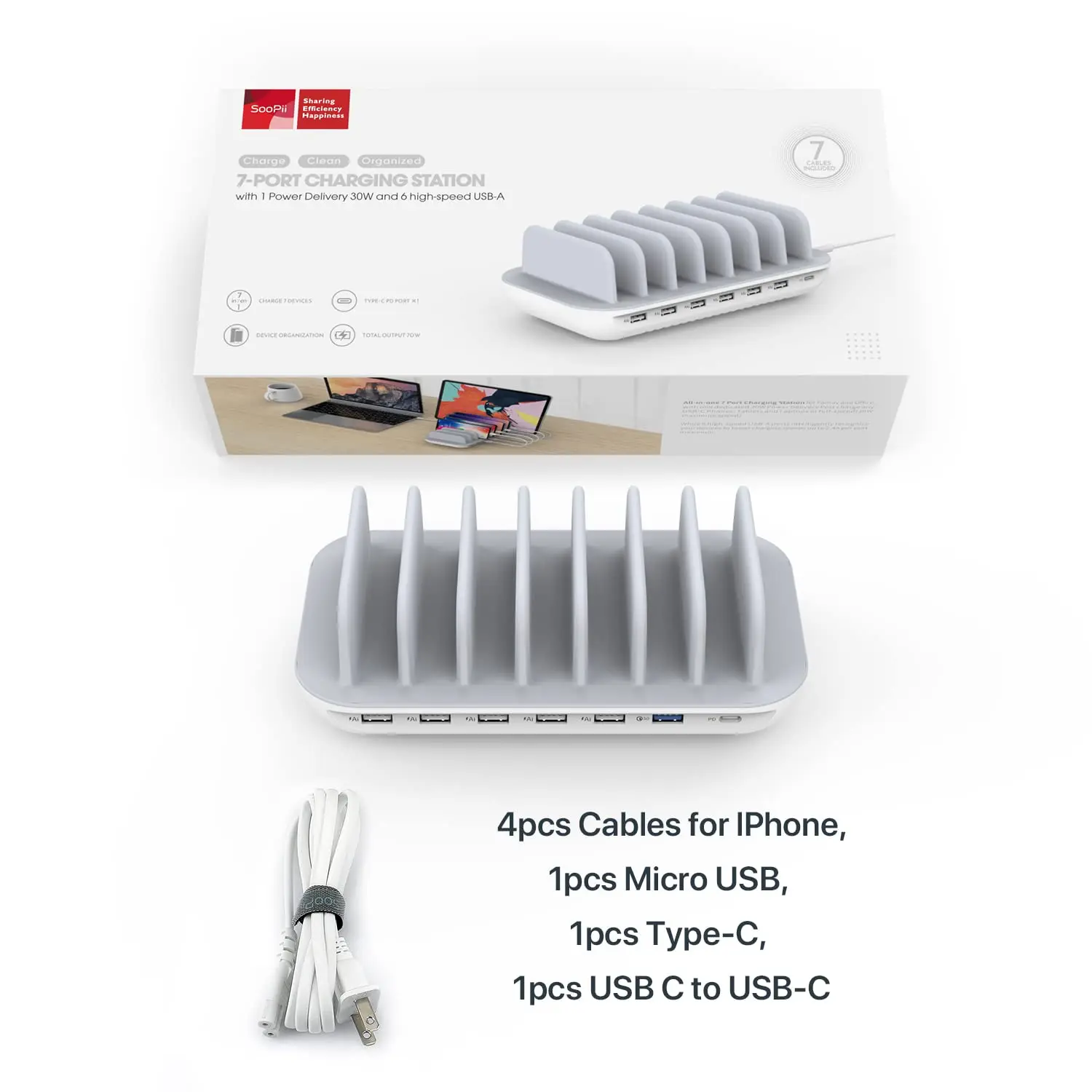SooPii USB-C Charger Station,70W 7-Port Laptop Charging Station 30W PD Port 7pcs Mixed Charging Cables Included