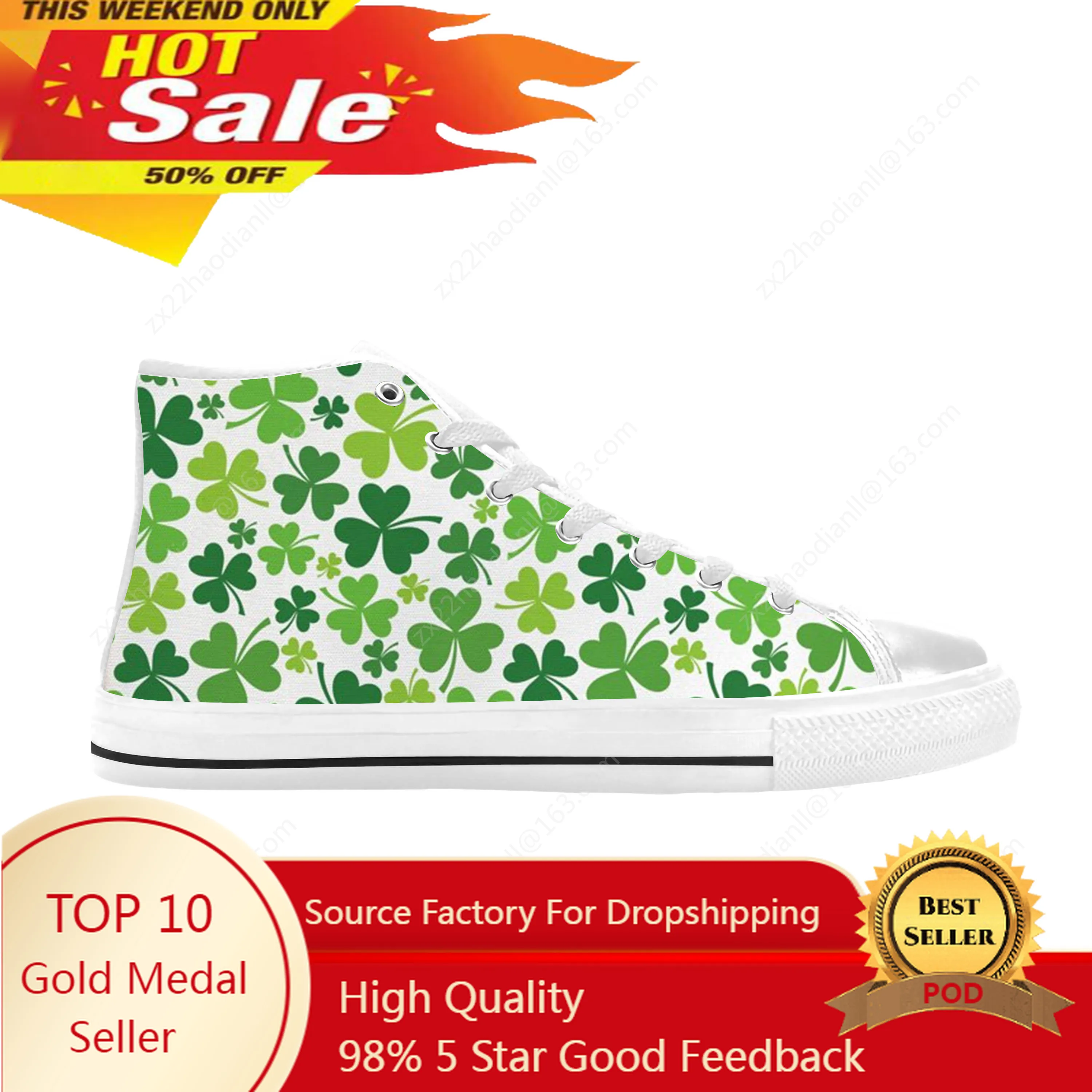 

Happy Clover St Patrick's Day Pattern Shamrocks Casual Cloth Shoes High Top Comfortable Breathable 3D Print Men Women Sneakers