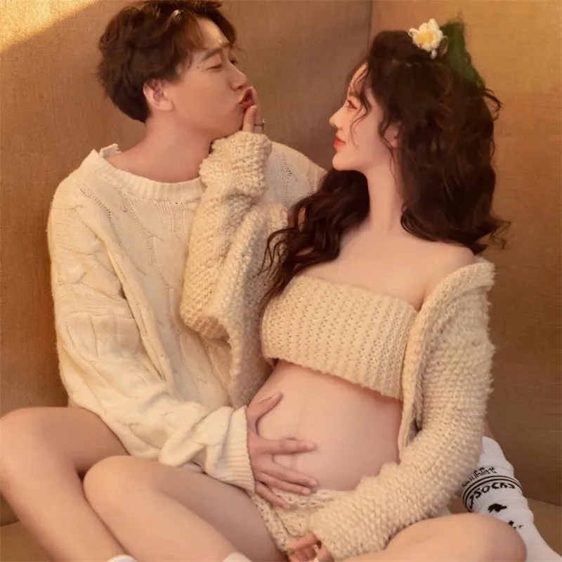 여성 사진 소품 뜨개질 스웨터 탑 가디건 반바지 양말 임신 옷 커플 가족 출산 ..