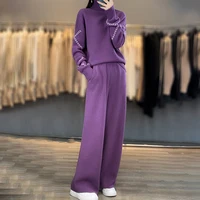 Women Suits 100% Wool Knitting Pant Ladies Sweater+Wide Leg Pants Autumn Winter Solid Color Soft Warm Pullovers for Female YP01 1