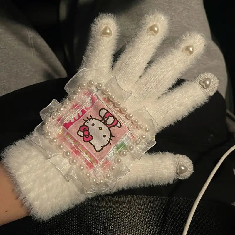 

Плюшевые перчатки Sanrios Hello Kittys, зимние женские теплые Утепленные перчатки с милым мультяшным сердцем для девочек, детские плюшевые игрушки