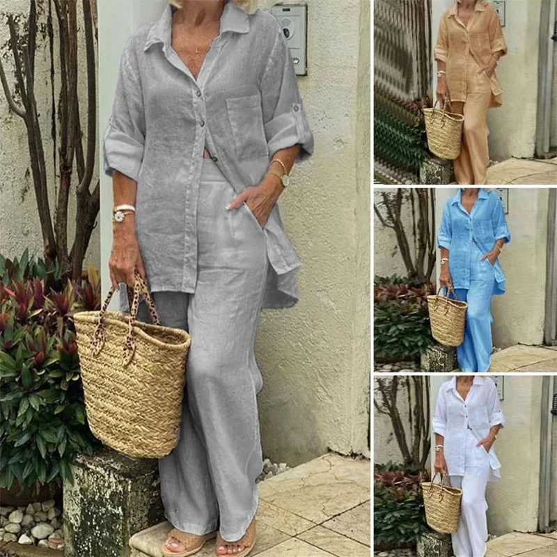 New Cotton Linen Suit Women's Tracksuit Oversize Shirt Loose Pants Set Female Trendy Daily Casual Fashion Ladies 2 Piece Sets