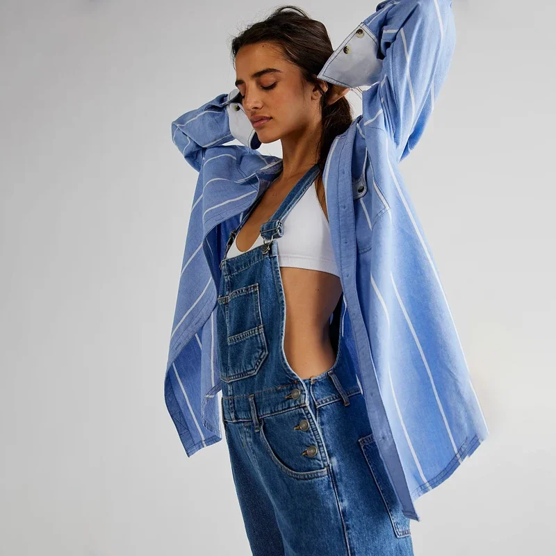 Spring and summer blue denim jumpsuit women's casual denim work clothes denim overalls large size loose slim fit retro jumpsuit