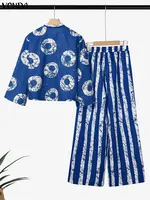 5XL VONDA Plus Size 2 Piece Outfits Autumn Women Bohemian 3/4 Sleeve Fashion Shirts Wide Leg Pants Print Vintage Pant Sets 2PCS - Image 5