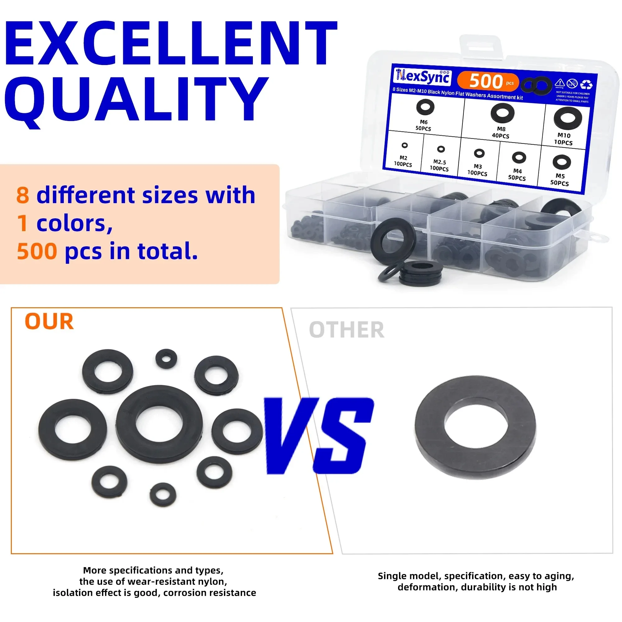 Nylon Washers 500pcs/1 Set Flat Assortment 8-size Safety Plates M2 M2.5 M3 M4 M5 M6 M8 M10 Sealing