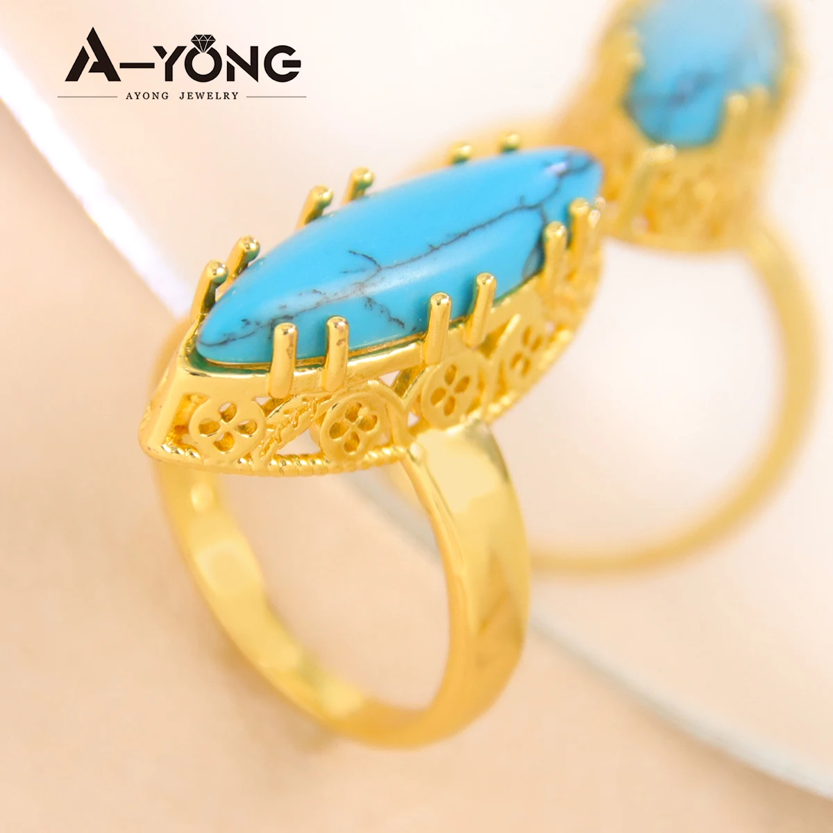 Äthiopien Mode Türkis Ringe 21k vergoldet Nigeria Braut Ehering Oman Ägypten Frauen Event Party Retro Schmuck – Detail 7