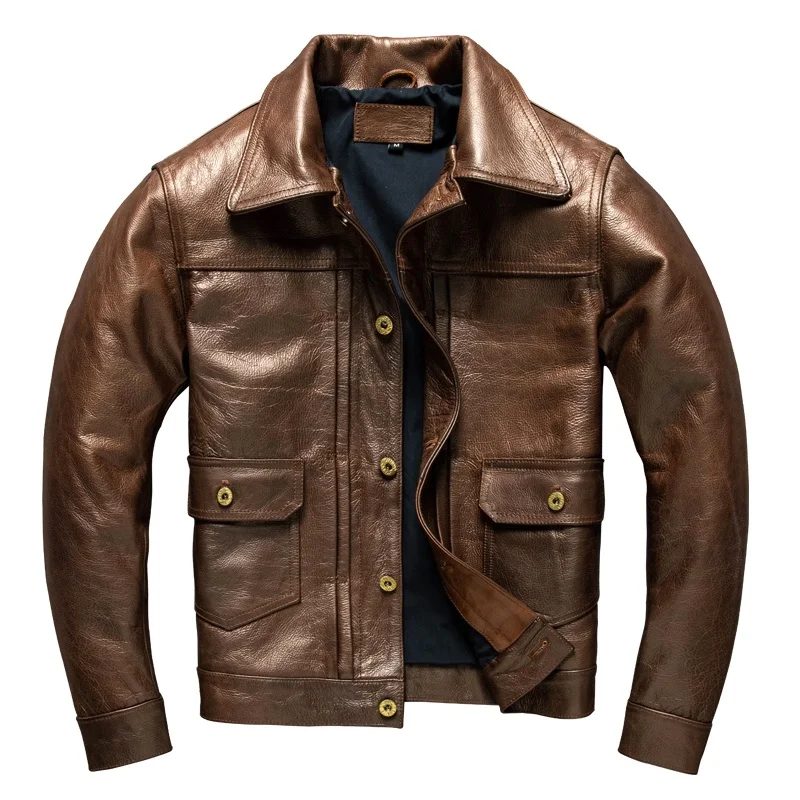 

Dark Brown Men's Spring Jacket Casual Style Plus Size 5XL Natural Cowhide Single Breasted Autumn Genuine Leather Coats