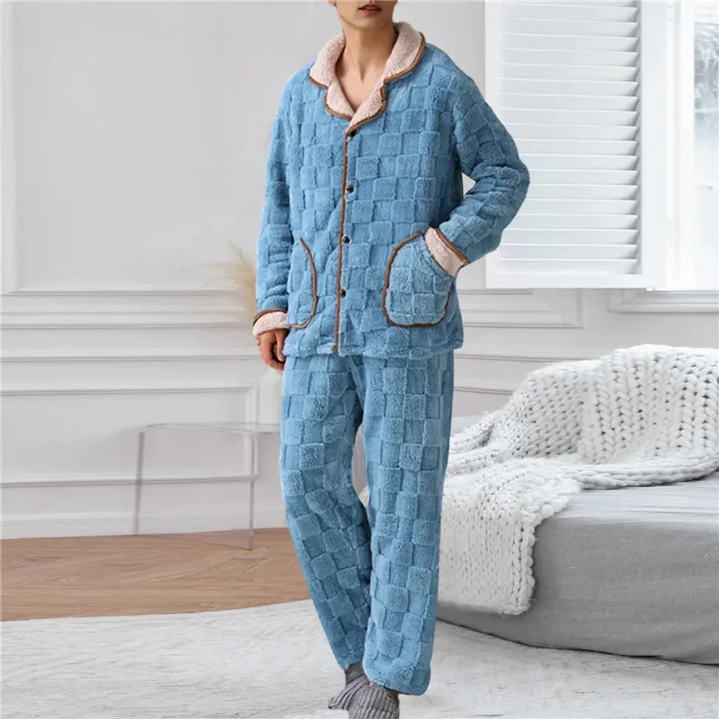Men Winter Thickened Coral Fleece Pajamas Trousers Long Sleeve Plaid Jacquard Cardigan 2PCS Set Warm Leisure Flannel Nightwear