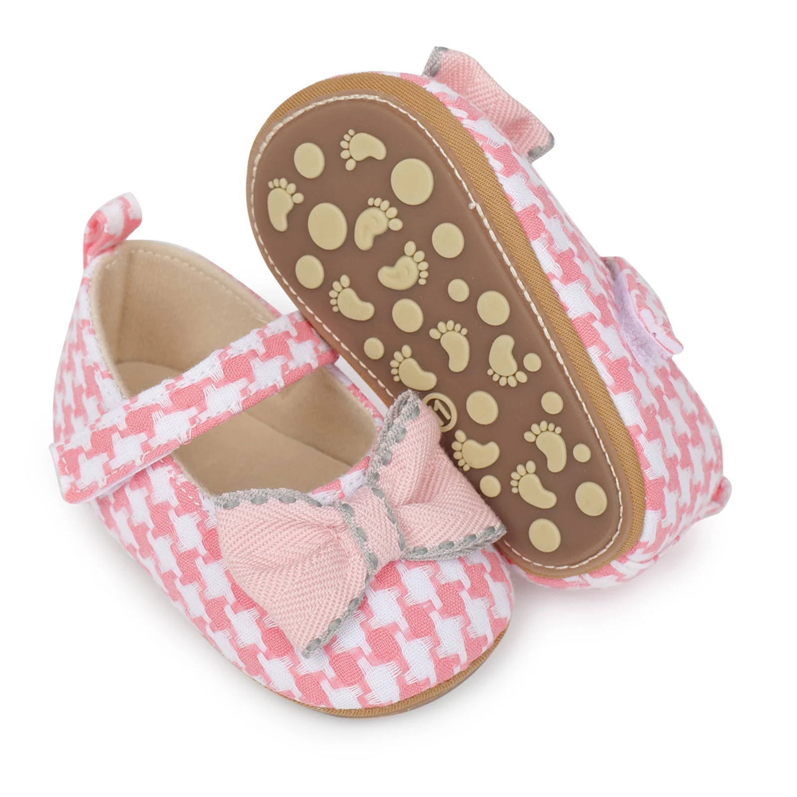 Spring Summer Baby Girl Mary Jane Flats Cotton Sole Shoes Cute Hounstooth Print Dress Shoes Non-Slip Crib for Infants