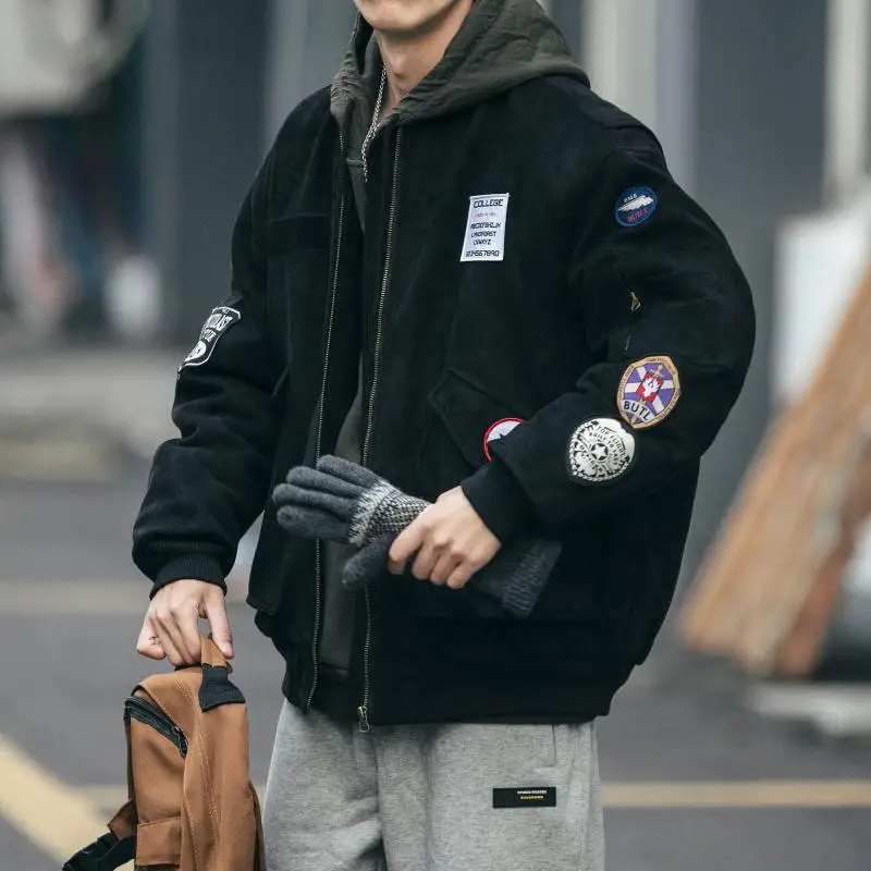 Autumn/winter MA1 Bomber Jacket Thick Cotton-padded Baseball Uniform Gray Parkas Men's Trend Labeling Military Padded Jacket