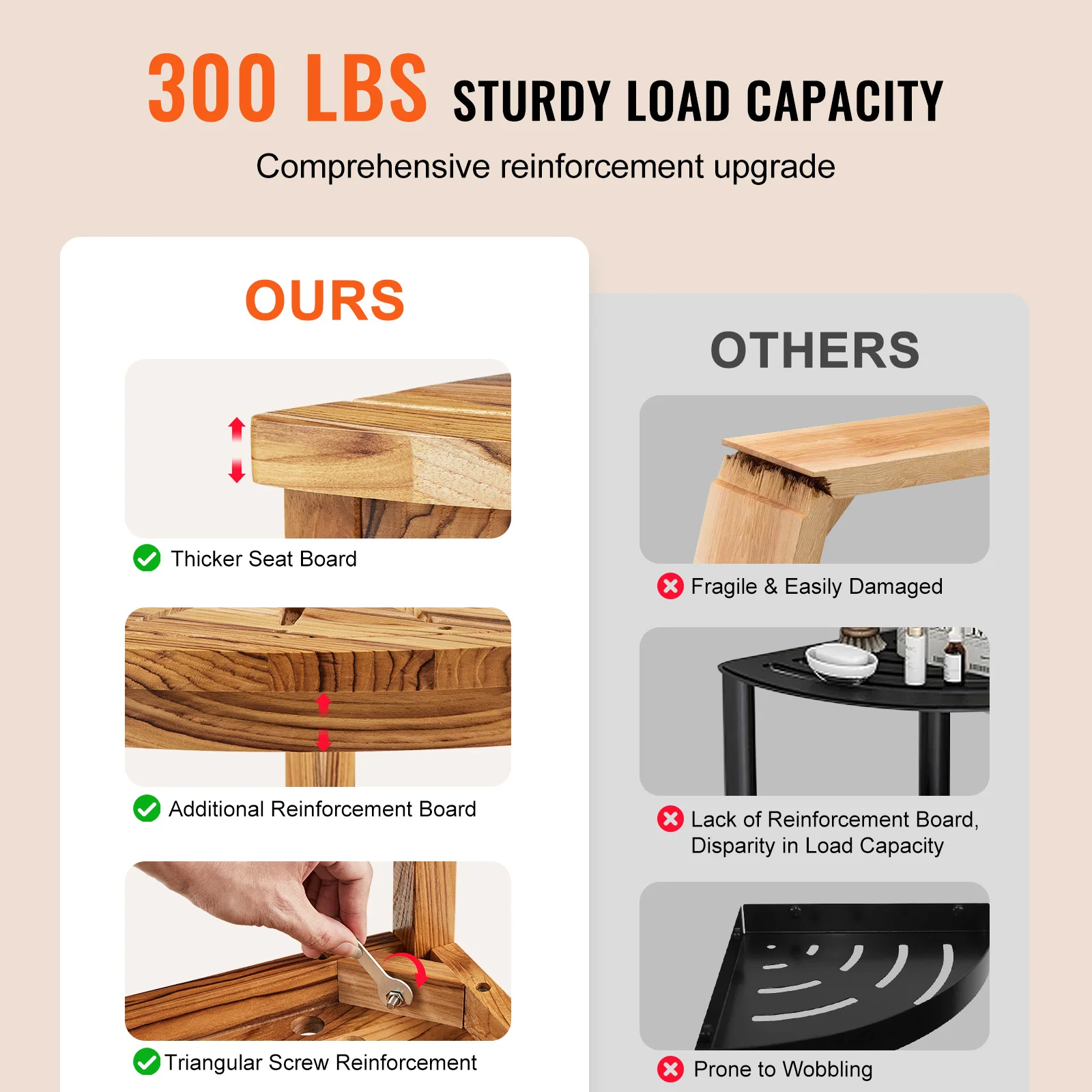 VEVOR Corner Teak Shower Bench 100% Teak Wood Corner Shower Beach Mold resistant Stool for Inside Outside Bathroom