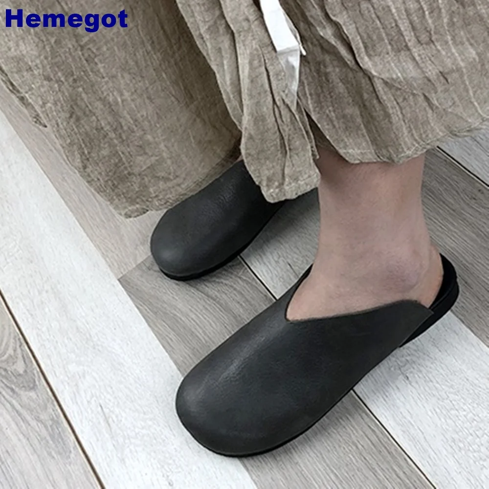 Round Toe Genuine Leather Retro Slippers 2024 Summer Outdoor Casual Solid Color Flat Slippers Women Slip On Closed Toe Slides