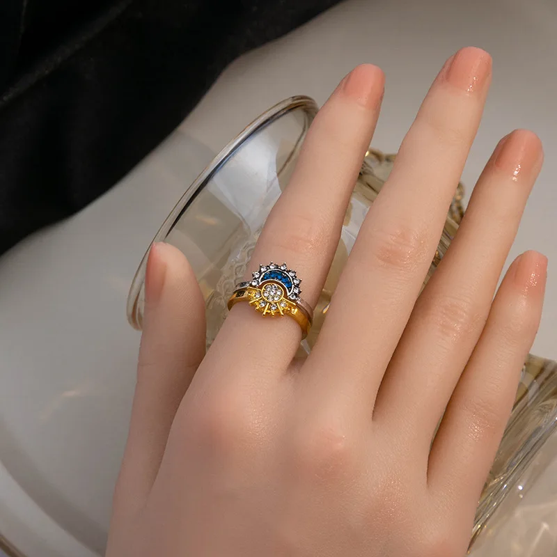 Silver Rings Silver Ring Wedding Rings Sparkling Sun and Moon Adjustable Couple Rings CZ Open Promise Ring Stackable Engagement Jewelry Day Gift