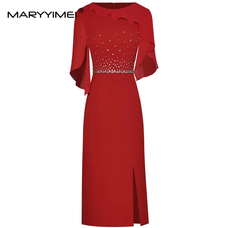 

MARYYIMEI Fashion Designer Summer Women's dress ruffles Short sleeved Slim Package hip Beading Elegant Commuter Split Dresses