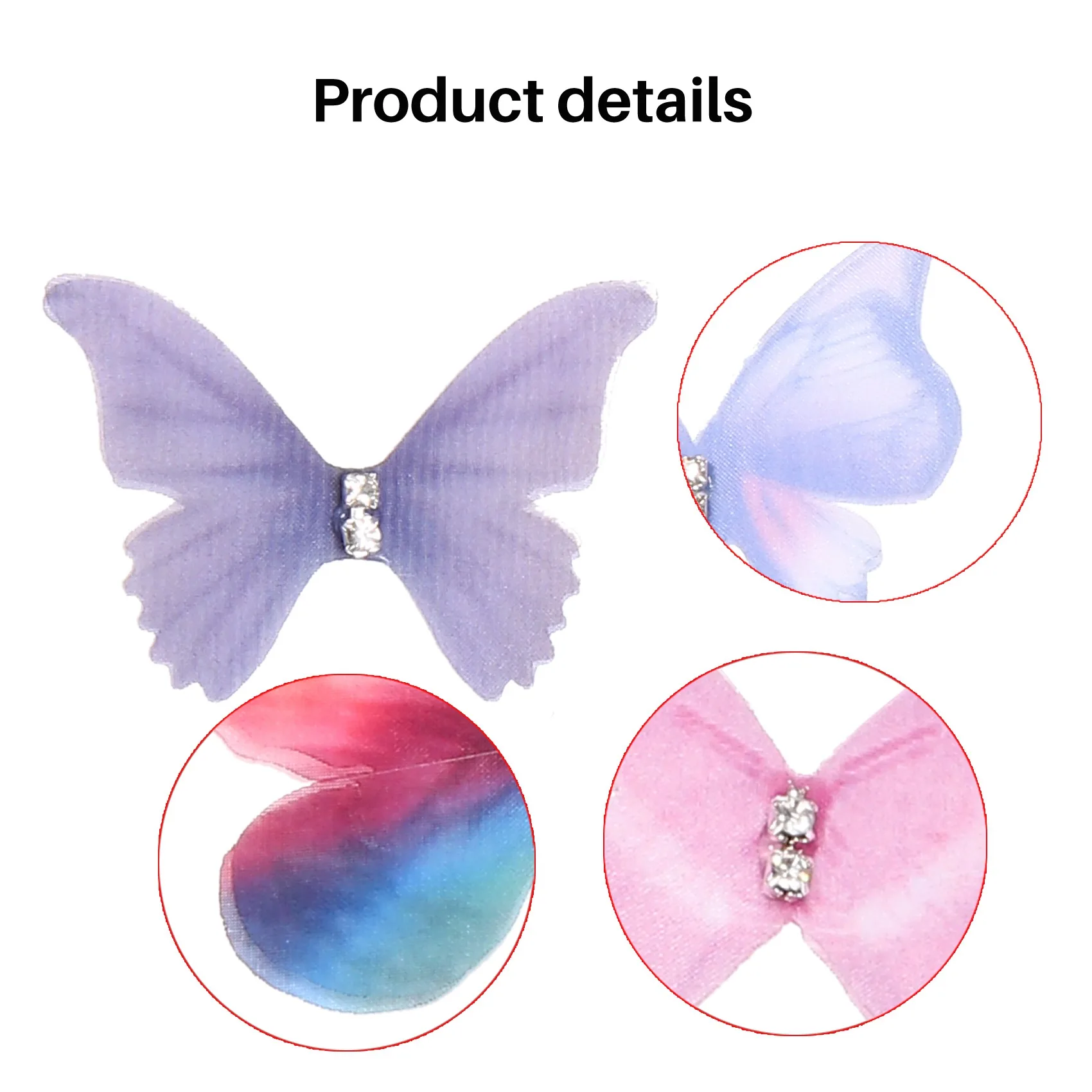 그라데이션 컬러 오간자 원단 나비 아플리케, 파티 장 반투명 시폰 나비, 인형 장식, 38mm, 50 개