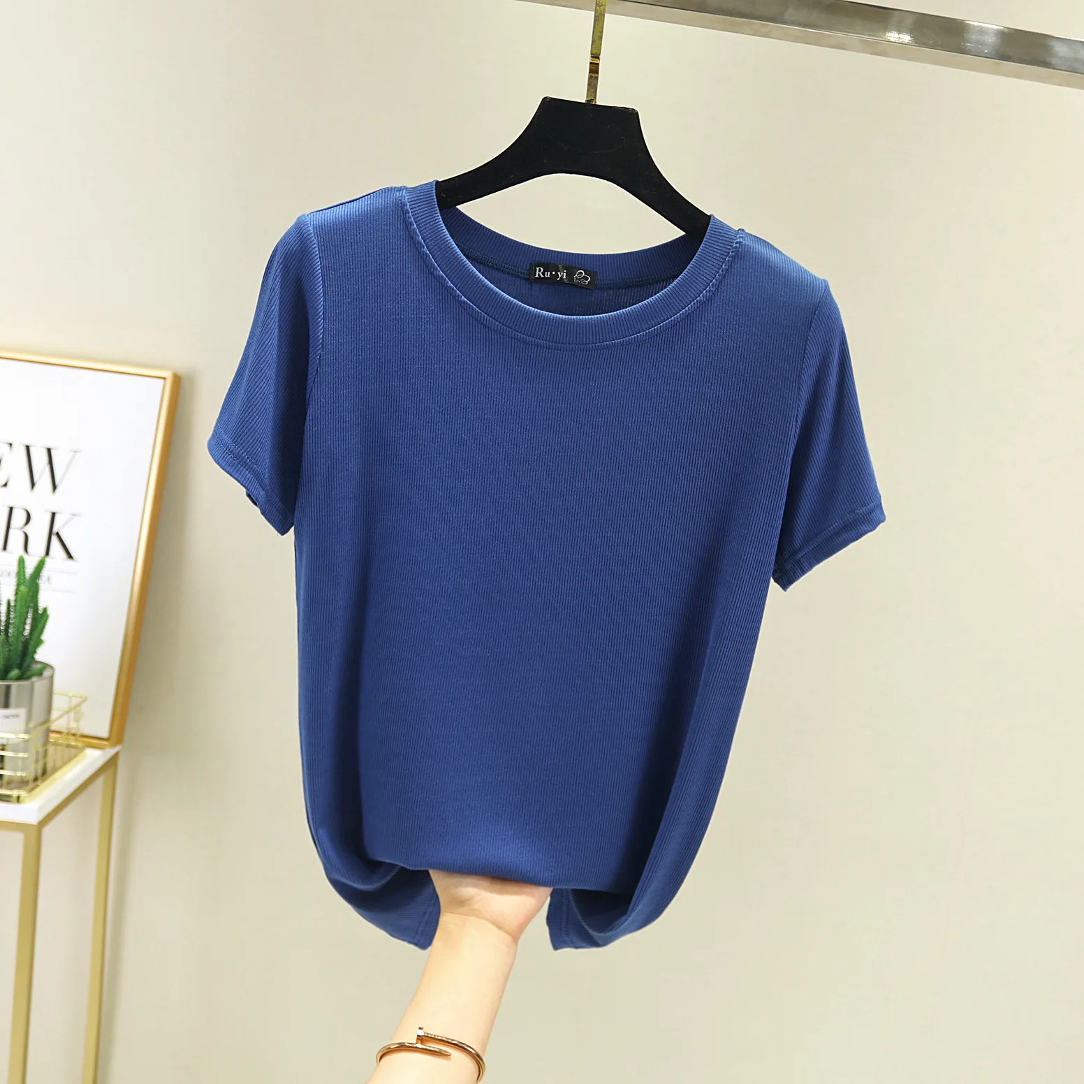 Rib cotton Short Sleeves Tshirt Women summer Casual loose T