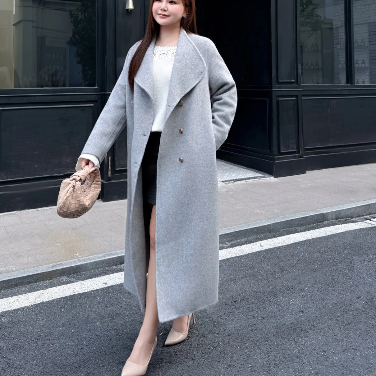 Fashion Plus Size Women Woolen Coat Premium Simple Luxurious Commuter 69% Wool Double Sided Gold Buckle Loose Long Overcoat 9428