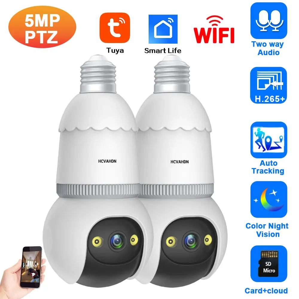 Tuya Wifi 5mp E27 Lamp Camera 360 ° Panoramisch Bewakingscamera Led Lamp Home Security Babyfoon Kleur Nachtzicht Ip Cam