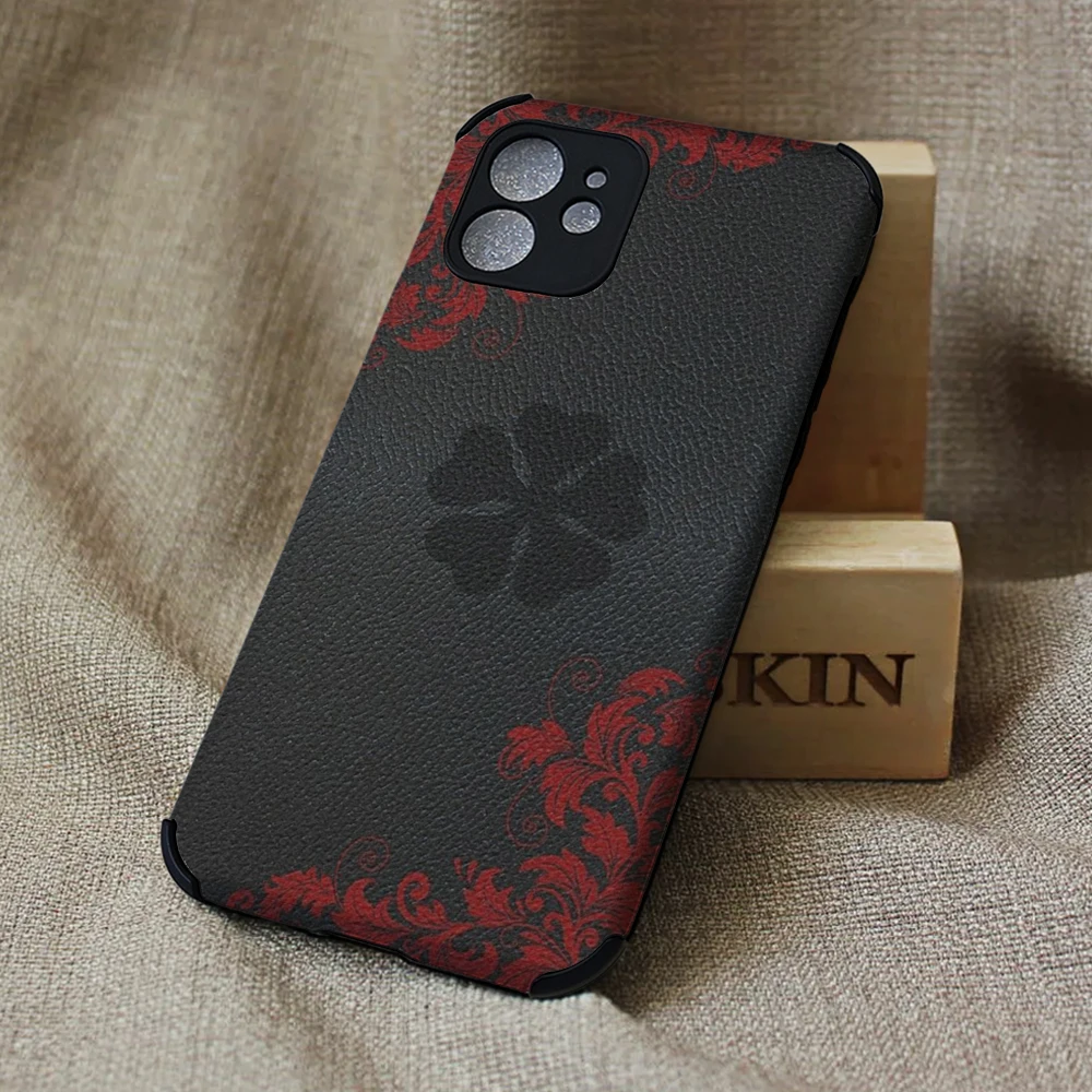 

Lambskin Black Clover Four-Corner Shockproof Phone Case for IPhone 13 12 11Pro Mini XR X XS Max 7 8 Plus SE 2020 Soft Cover