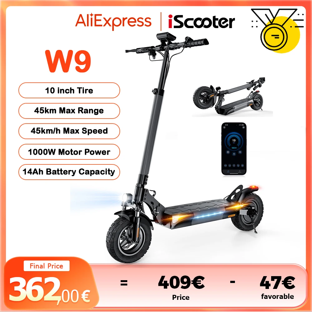 Scooter eléctrico iScooter W9, 10 pulgadas, 1000W, 48V, 14Ah, 35-45km de alcance, 45 km/h, velocidad máxima, neumáticos todoterreno, transmisión trasera, frenos de disco duales