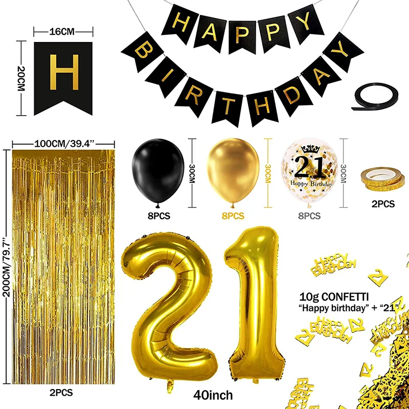 thumbnail image 1 of Decoración para fiesta de cumpleaños número 40 en dorado y negro, pancarta de feliz cumpleaños, globo de helio con número 40 XXL, 2 cortinas con flecos dorados, látex, 1 of 5