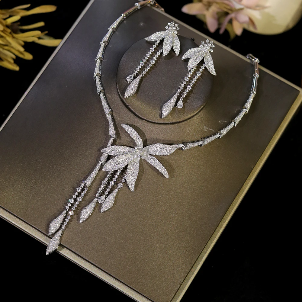 فاخر حفل زفاف الزركون زهرة قلادة مجموعة مجوهرات ال...