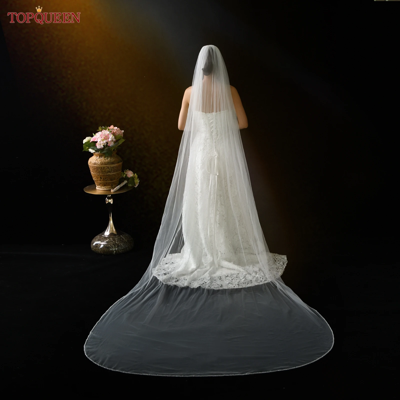 TOPQUEEN V237 Eleganter Hochzeitsschleier mit Kristallperlenrand, einlagig, Hochzeitsaccessoires, Velos Cristianos De Iglesia, anpassbar – Detail 13