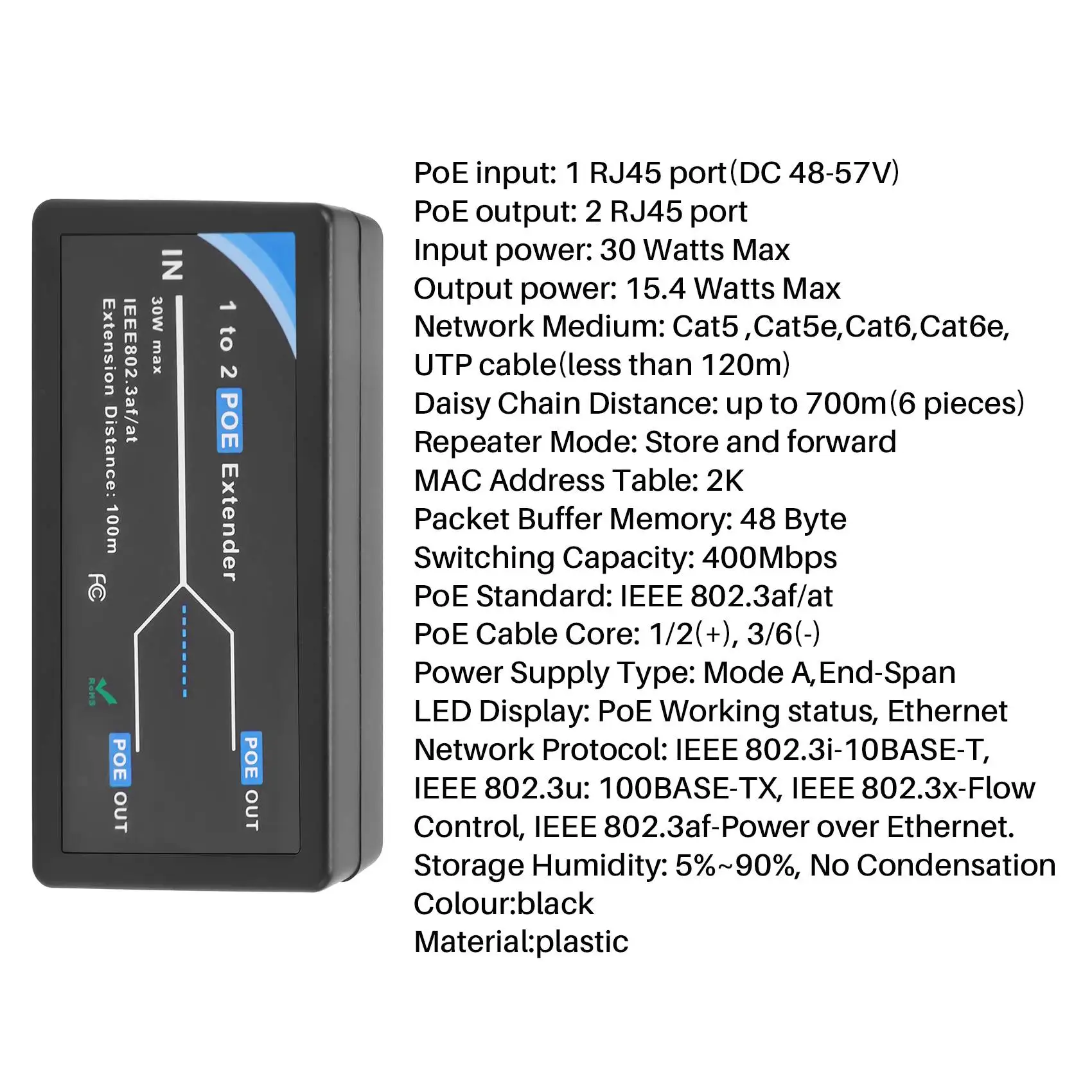 핫세일 2포트 POE 익스텐더 10/100Mbps IEEE 802.3Af 표준 입력/출력 지원 IP 카메라용 POE 범위 100미터까지 확장