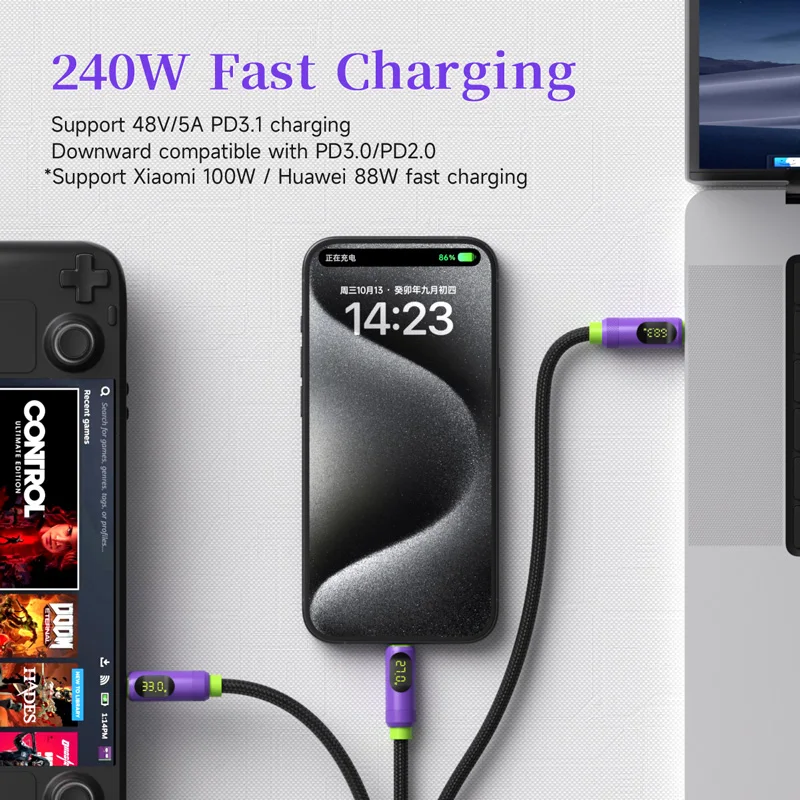 Hagibis Magnetic USB C to USB C Cable With LED Display USB C Charger Cable Type-c PD 240W Fast Charging Cord For iPhone 15/16/17