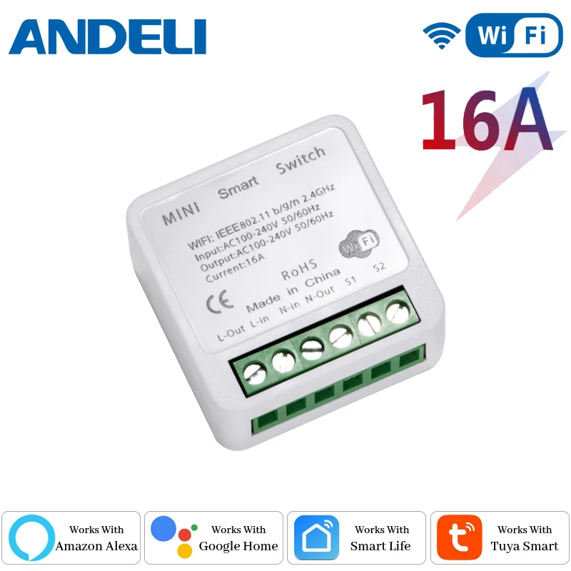 ANDELI-WiFi 16A 스마트 DIY 미니 조명 스위치, 양방향 제어 Tuya Smartlife APP 원격 제어 Alexa Google 홈 오토메이션