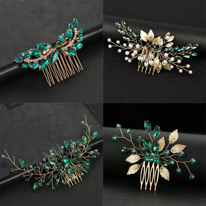 Зеленая кристаллическая жемчужная расческа для волос, шпилька, искусственная Тиара для женщин, бриллиантовая расческа для украшений