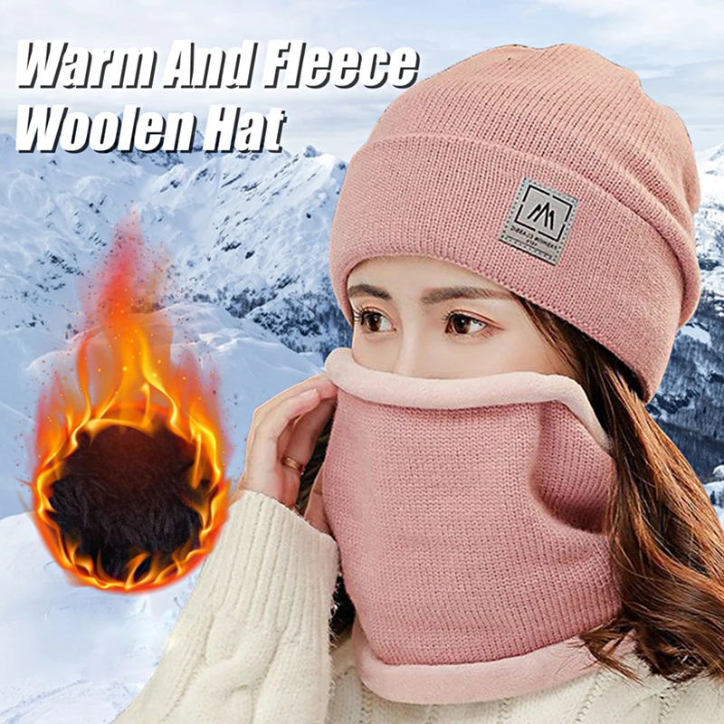 

Soft Knitted Hats And Scarf Set For Women Thickened Beanies Cap Solid Color Fleece Lined Ear Protection Neck Warmer Windproof