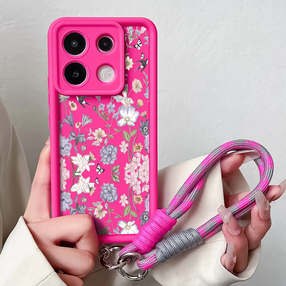 Whimsical Bird and Butterfly Floral Phone Case with Wrist Strap Lanyard