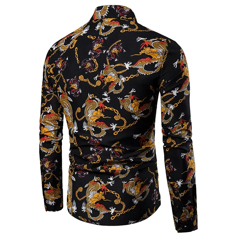 Men's Retro Dragon Print Long-sleeved Shirts Domineering Fashion Spring&autumn New Business Casual Shirt European Plus Size 4XL