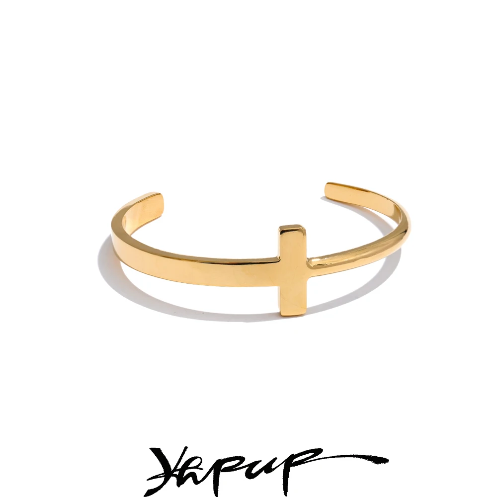 Yhpup Cuff Bracelet Stainless Steel Cross PVD Plated