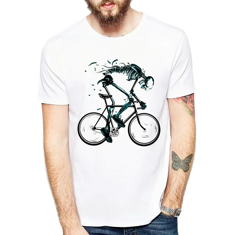 

NG Cotton O-neck Short Sleeve Men Funny Skeleton bicycle Design Tshirts Fashion Sku'l'l Style Tops Tees Worn out Bikes T-shirts