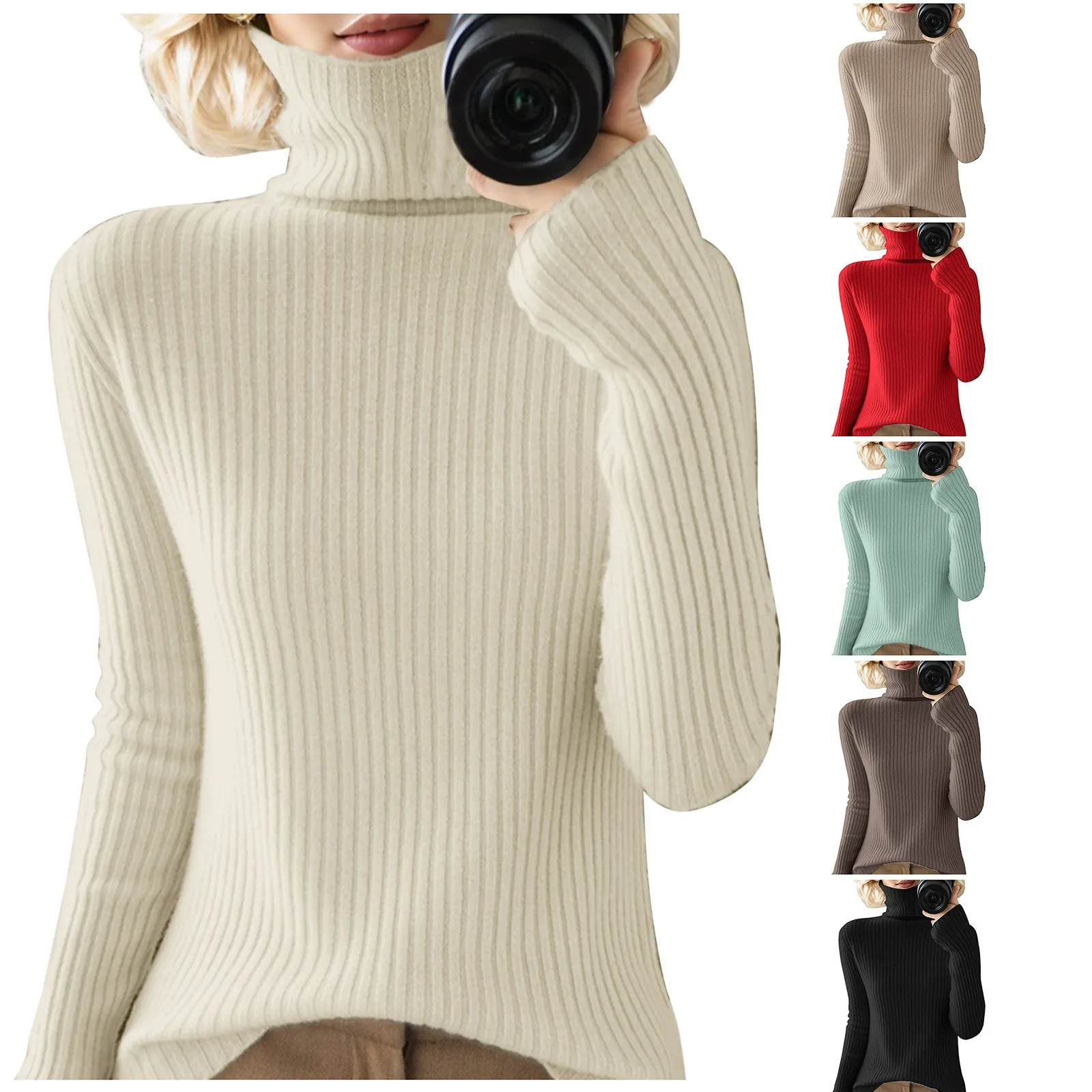 

Women Casual Solid Color Bottom Sweater Slim High Collar Knitted Long Sleeved Top Thermal Tops for Men Long Sleeve