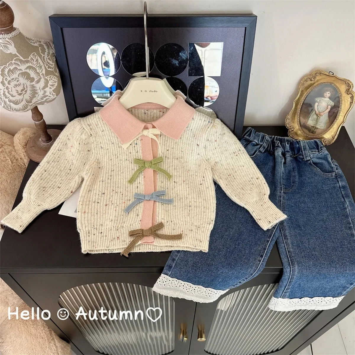 

Girl Sweater 2023 New Girl Bow Sweater Cardigan Girl Baby Foreign Style Knitted Coat Top Spring and Autumn and Winter Top