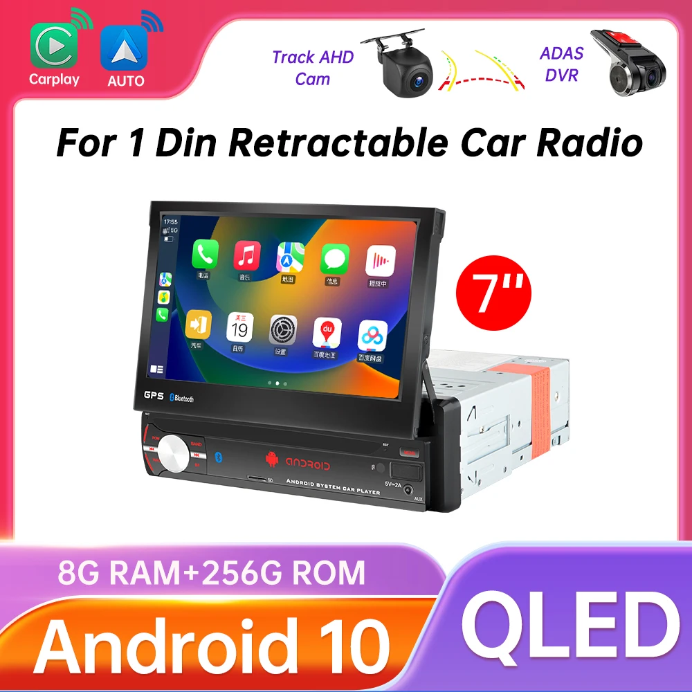 Android Auto 1 Din Car Radio 4G Retractable Carplay GPS Navigation 7'' USB AUX Bluetooth QLED AHD 1DIN Multimedia Player NO DVD
