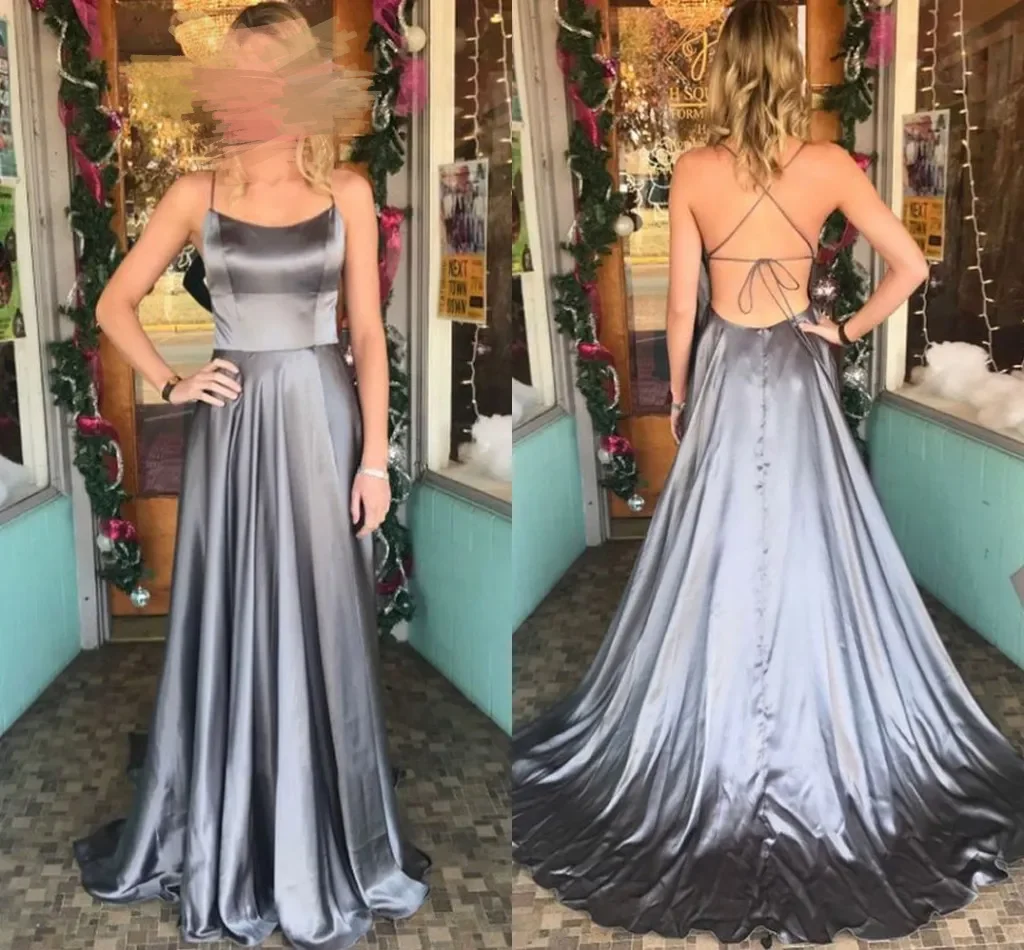 

Elegant Silver Mermaid Dresses A Line Spaghetti Back Straps Backless Evening Dresses Formal Evening Party Prom Dresses