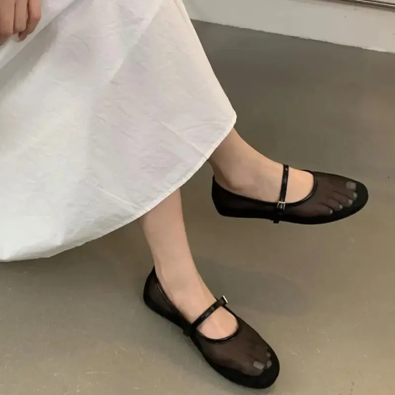 Summer New Comfortable Ballet Sandal Flat Bottom Round Toe Mesh Breathable Shallow Mouth Single Shoes for Women Ladies