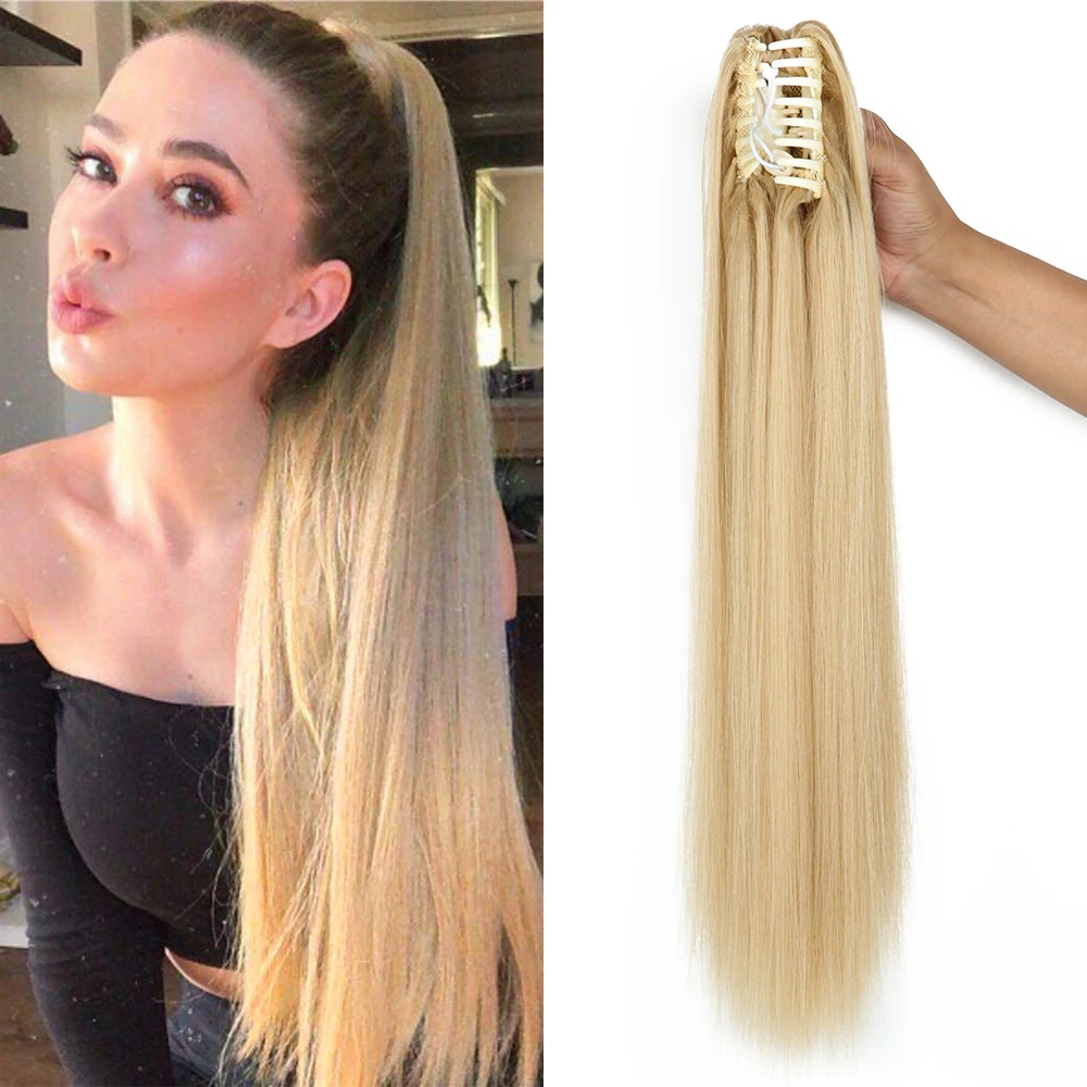 Synthetische Lange Gerade Klaue Clip Auf Pferdeschwanz-haar Extensions 24Inch Wärme Beständig Pony Schwanz Haar stück Für Frauen Täglich party