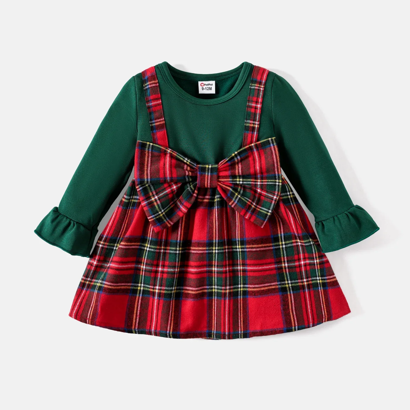 Baby Girl Dress PatPat Solid Long-sleeve Spliced Red Plaid Bow Front Outings Daily Wear Christmas