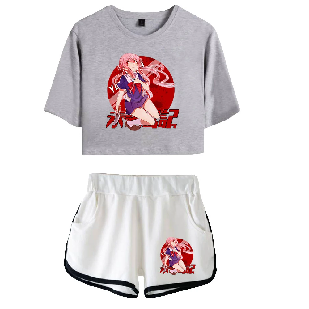 Women T shirt Brand girls clothing Manga Future Diary Tracksuit Female Two Piece Set Summer Short Sleeve Crop Top+Shorts Japanes
