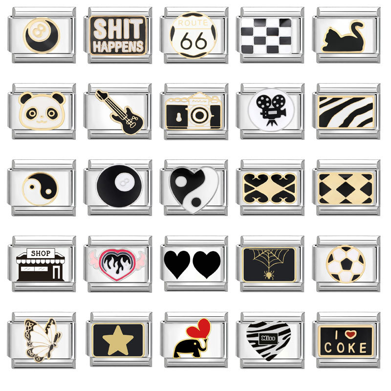 Fashion Charm Bracelet Checkerboard Panda Elephant Charm Italian Links Fit 9mm Bracelet Stainless Steel DIY Making Jewelry