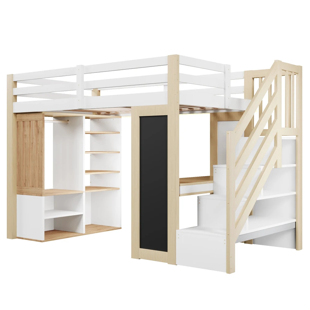 90*200cm Kinderbett mit Schreibtisch, Regalen und Kleiderschrank, Leiter, integrierte LED-Beleuchtung – Multifunktionsbett ohne Matratze – Detail 13