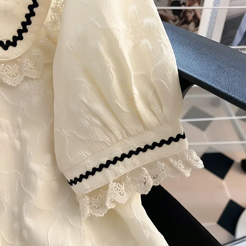 피터팬 칼라 셔츠 여성 카와이 레이스 부드러운 유행 프랑스 스타일 Mujer Blusas 여름 새로운 디자인 우아한 퍼프 슬리브 옷