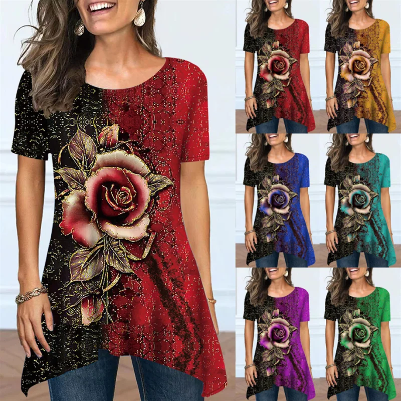 

Summer New Round Neck T-Shirt 2023 Vintage Asymmetric Loose Plus Size Pullover Casual 3D Printed Short Sleeve Top S-5XL