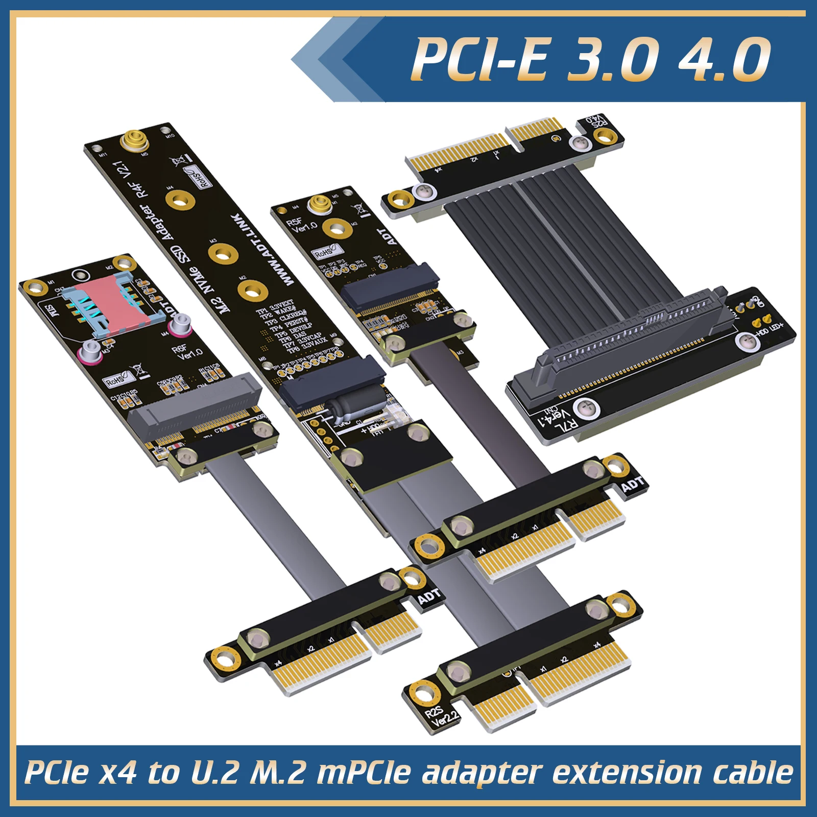 

Riser PCIe 3,0 4,0 X4 до M.2 NVMe Key M / M.2 WiFi Key A.E. / Mini-PCIe MPCIe / U.2 (SFF-8639) SSD Удлинительный кабель PCI Express