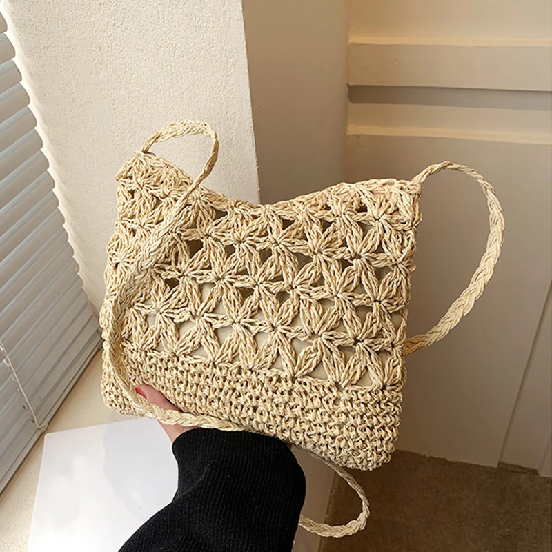 Women Beach Woven Straw Shoulder Messenger Bag Boho Hollow Out Crochet Crossbody Handbag Macrame Purse